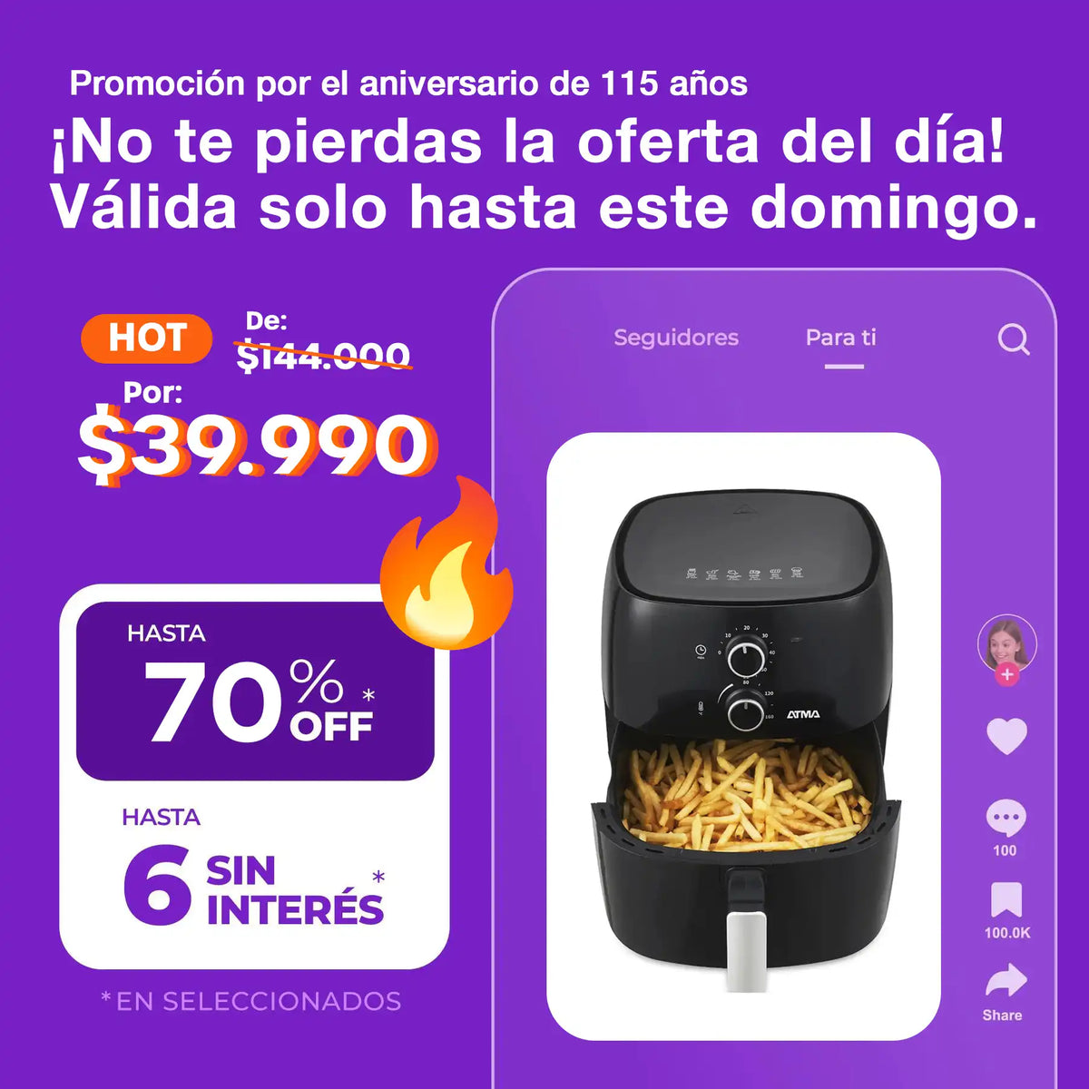 (Promoción de cumpleaños 🔥) Freidora De Aire Atma Fr60mabp 1300 W 6.5 L Con Temporizador