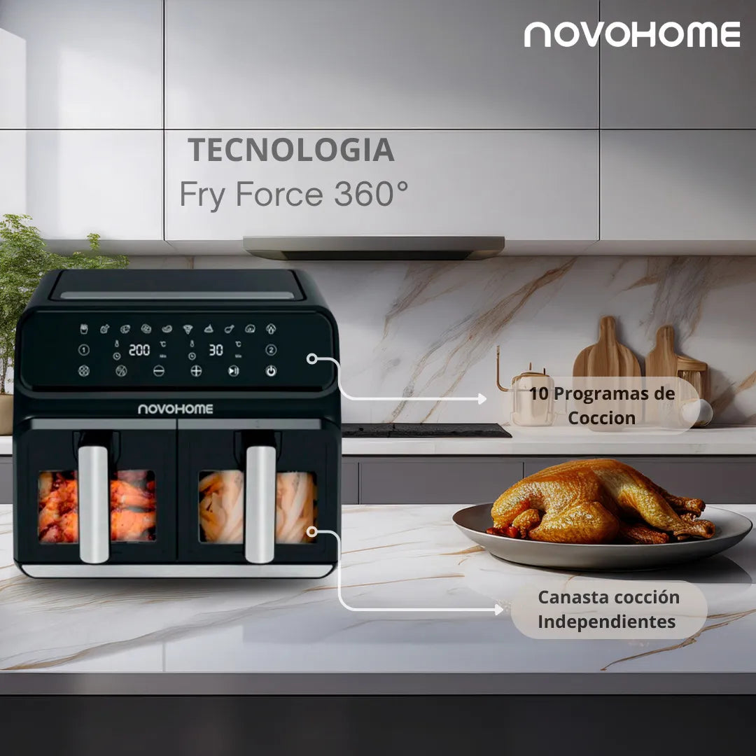 (Promoción de cumpleaños 🔥) Freidora de Aire Novohome Digital 8Lts Doble Canastos 4+4 1700W NH-AF DUAL 100W