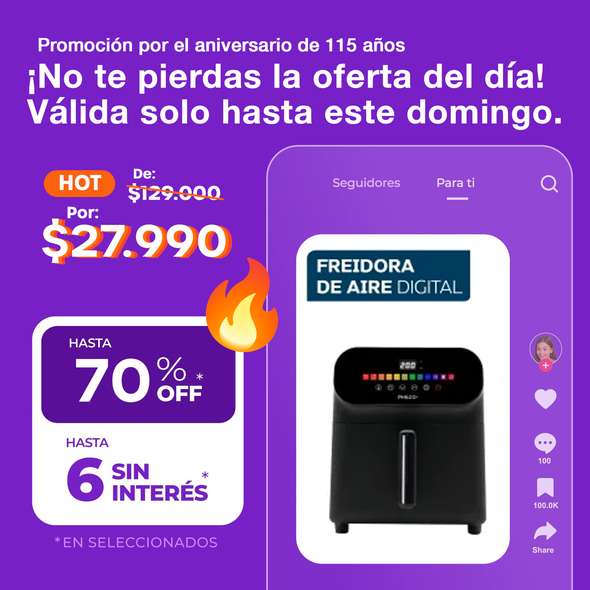 (Promoción de cumpleaños 🔥) Freidora De Aire Digital 6L Philco FR256PHP